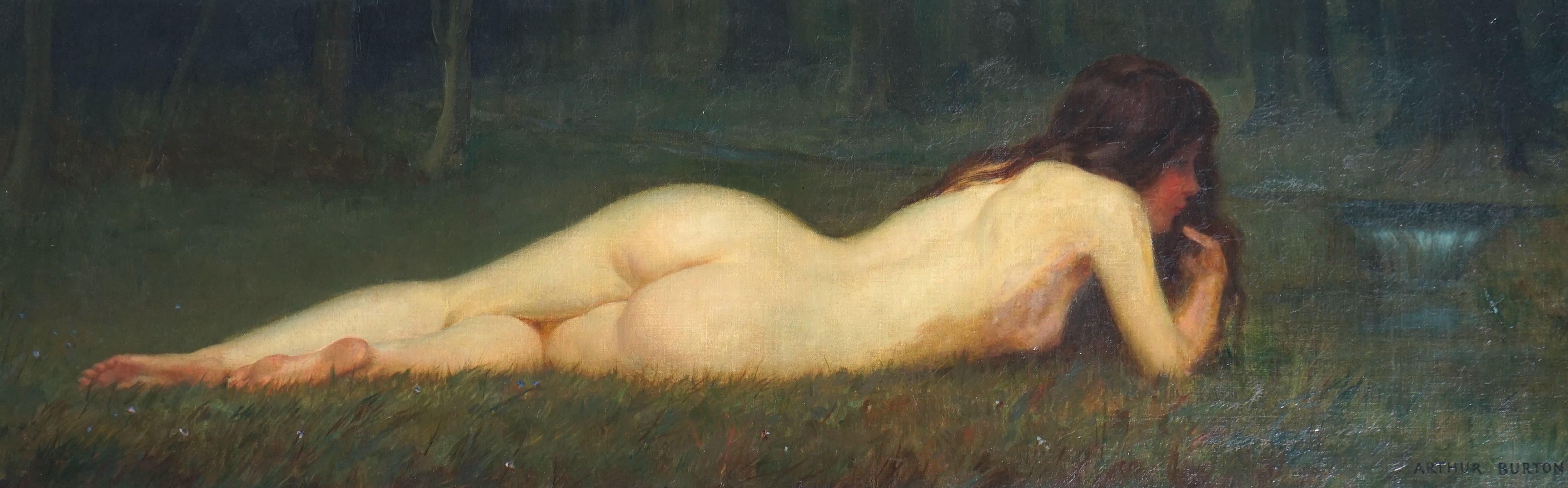 Arthur Burton (English, fl.1894-1907), Reclining nymph, oil on canvas, 24 x 75cm